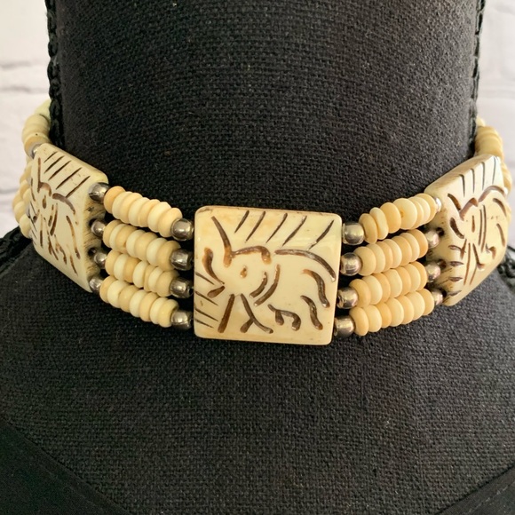 Hand Crafted Bone Beaded Choker Necklace with Elephant Graphic - Picture 3 of 7